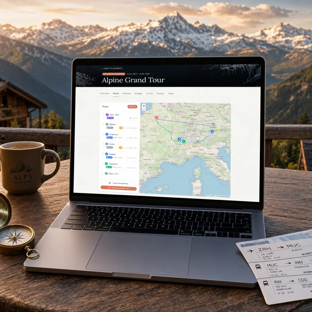 Smart Travel Builder showing an Alpine Grand Tour route with stops across Europe
