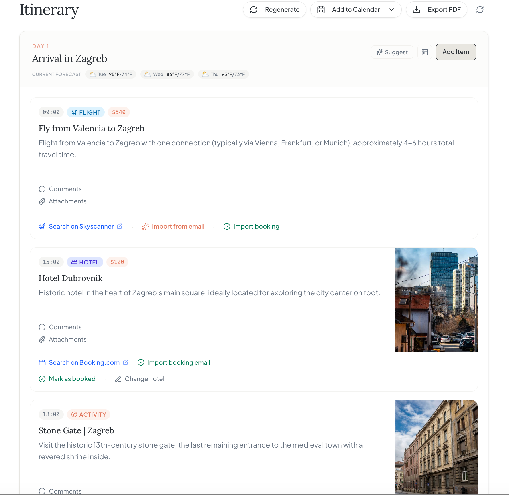 Itinerary view with a flight, hotel, and activity for arrival day
