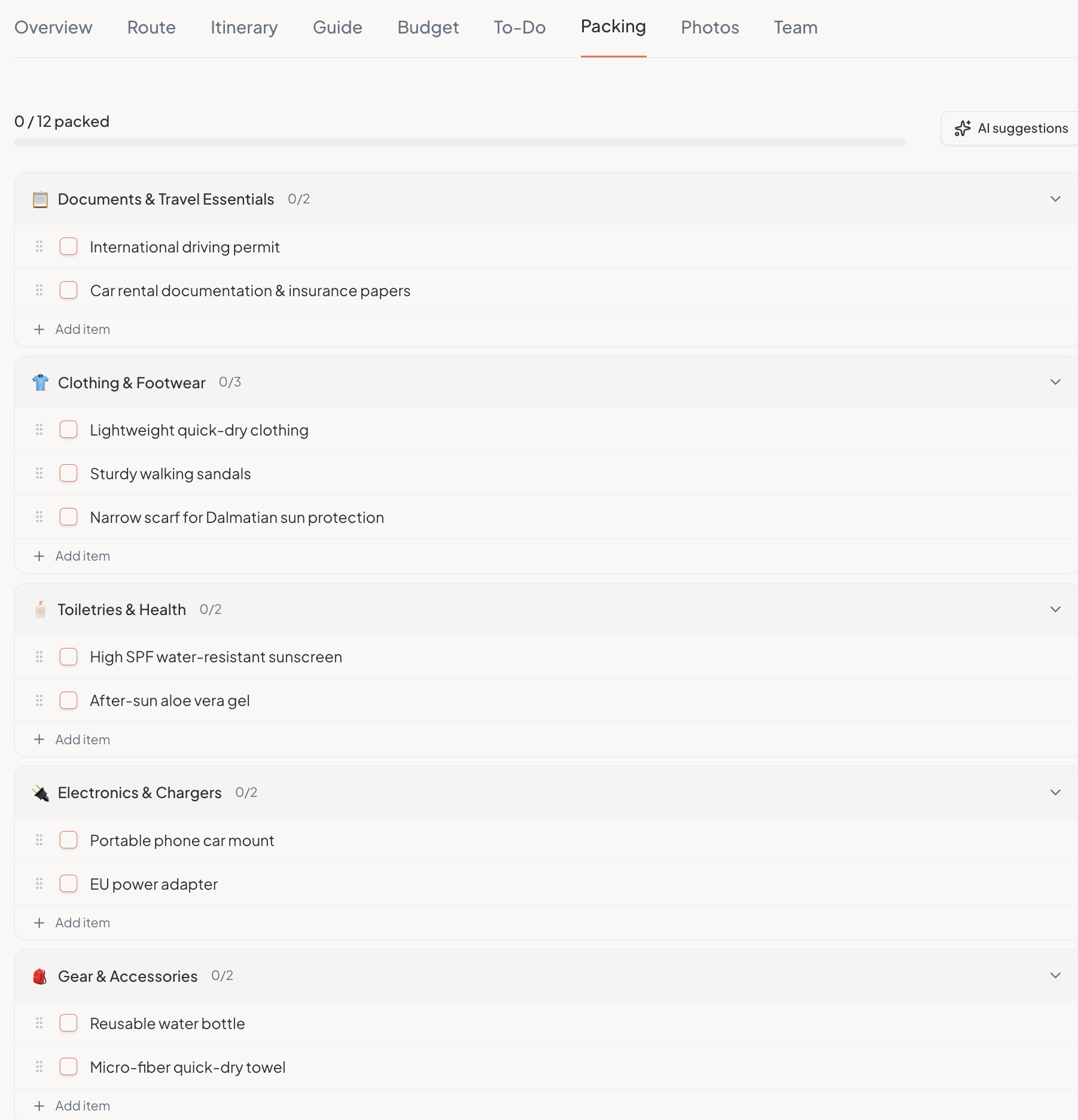 Smooth Traveling packing list view for organizing items before a trip