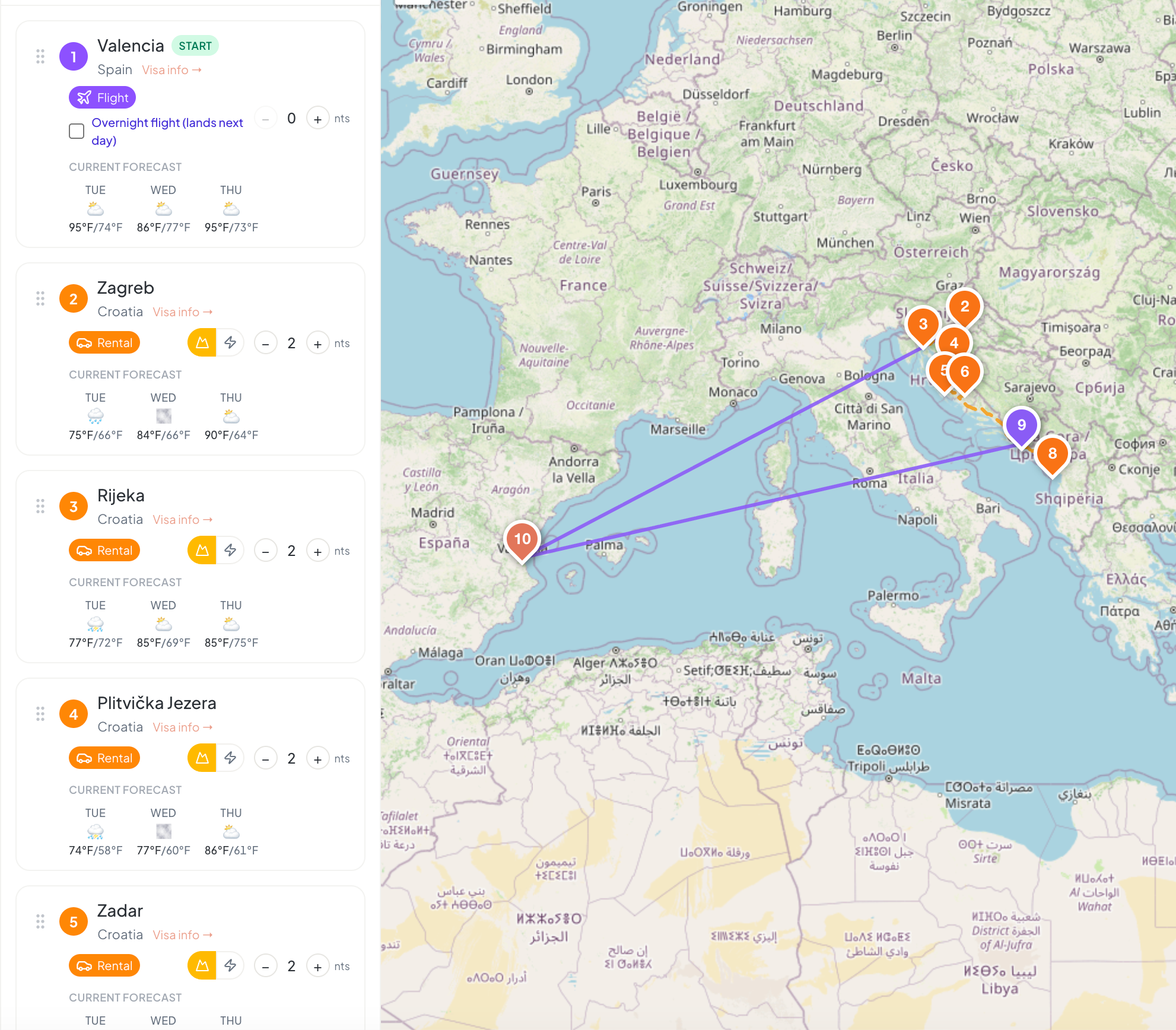 Route view with stops across Spain and Croatia on a map